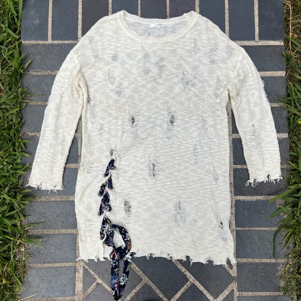 JTANIB Distress Long Sleeve Dress Cream
